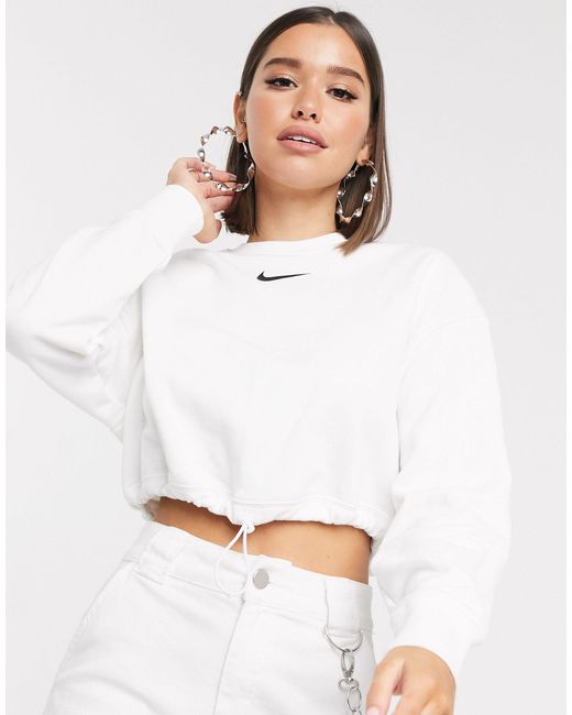 Nike Elastic Drawcord Cropped Mini Swoosh White Sweatshirt | Lyst