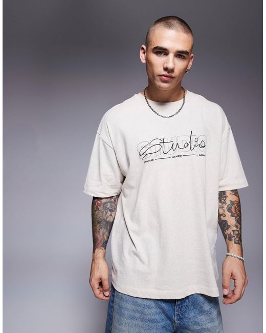 ASOS Gray Oversized Linen Blend T-shirt With Text Graphic for men