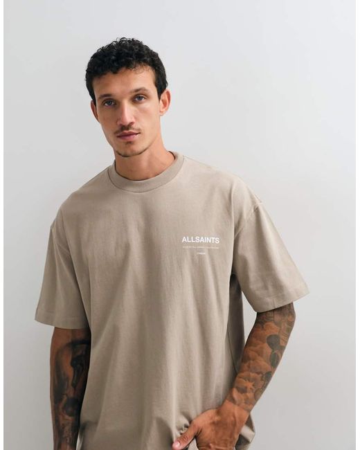 AllSaints Gray Backstage Short Sleeve Graphic Logo T-shirt With Back Print for men