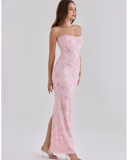 House Of Cb Pink Anisa Hand Beaded Embellished Strapless Maxi Dress