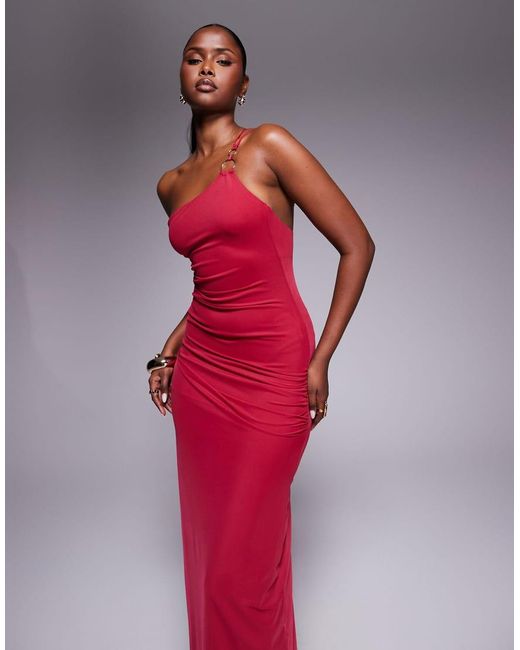 ASOS Red Asymmetric Double Strap With Gold Trim Detail With Ruching Mesh Maxi Dress