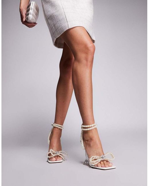 Public Desire White Glimmer Wrap Around Pearl Detail Bow Square Toe Cake Stand Heels
