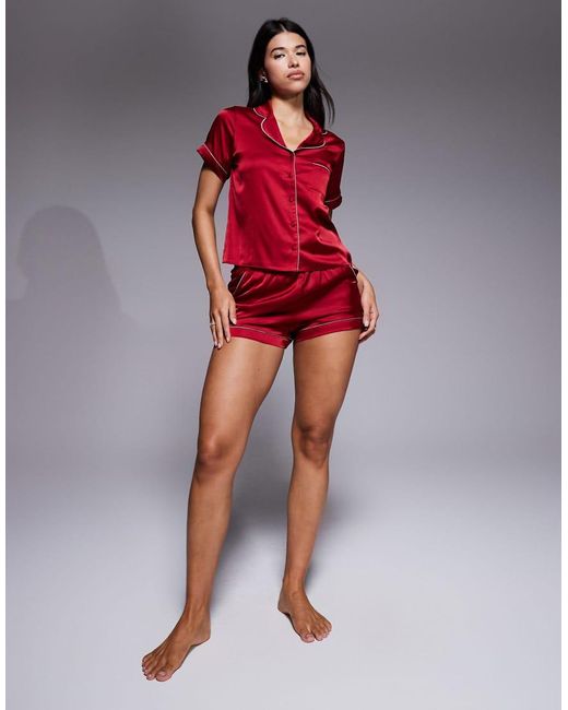 Boux Avenue Red Luxe Satin Revere Top And Shorties Set With Stripe Piping Detail