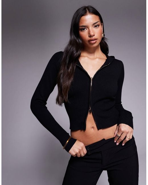 Tiger Mist Black Sarina Zip-up Hooded Long Sleeve Top