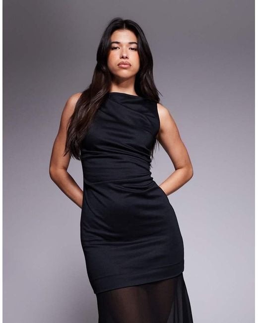 Vestido Midi Drapeado Con Cuello Alto Subido Y Falda De Chifón De ASOS de color Blue