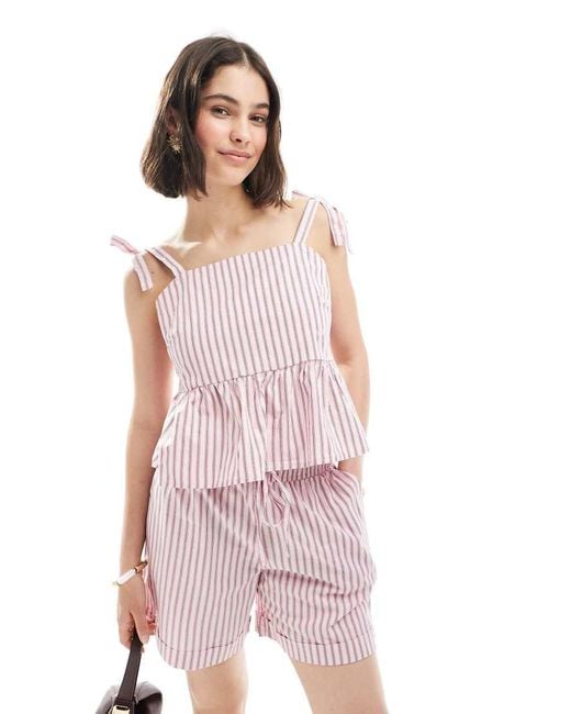 Pieces Pink Tie Shoulder Peplum Hem Cami Top Co-Ord