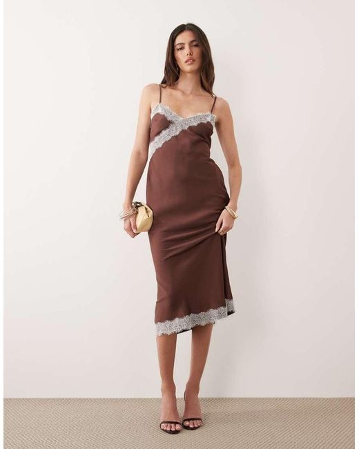 New Look Brown Contrast Lace Strappy Satin Midi Dress