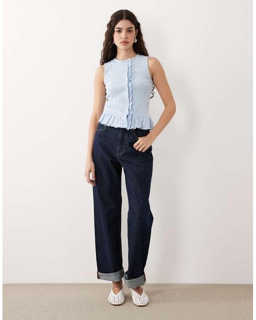 Miss Selfridge Blue Button Through Tank With Frill Hem N
