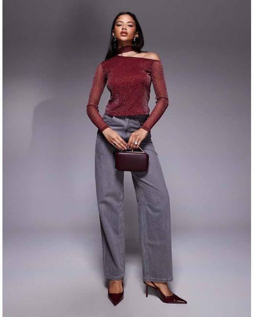 ASOS Red Glitter Mesh Scarf One Shoulder Top