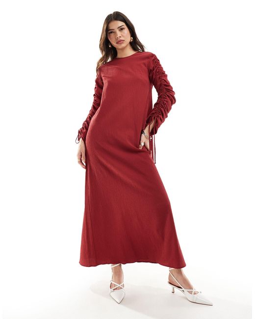 ASOS Red Ruched Sleeve Detail Crinkle Maxi Dress