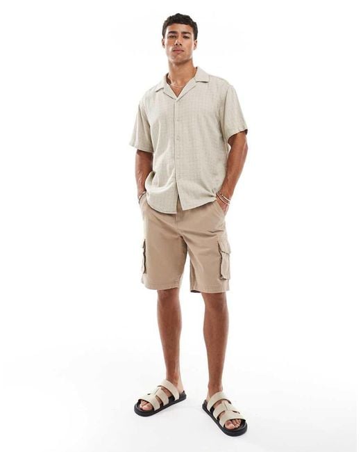 Threadbare Natural Cotton Twill Longline Cargo Shorts for men