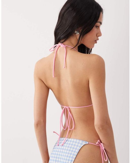 Brave Soul Blue Gingham Print Triangle Bikini Top With Flower Embroidery