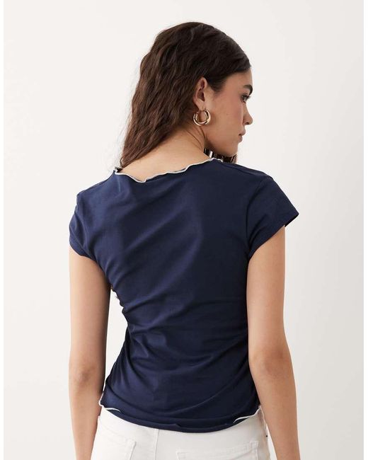 ASOS Blue Cap Sleeve V Neck Top With Contrast Edge