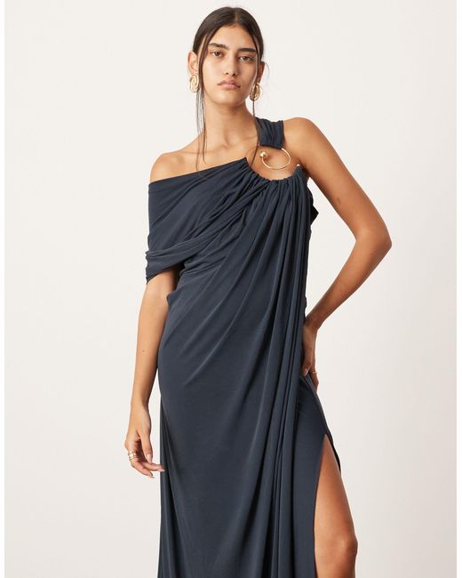 ASOS Blue Asymmetric Neck Maxi Dress With Spiral Trim