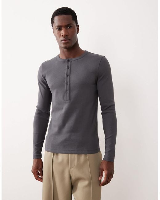 ASOS Gray Muscle Fit Long Sleeve Heavyweight T-shirt With Henley Neck for men