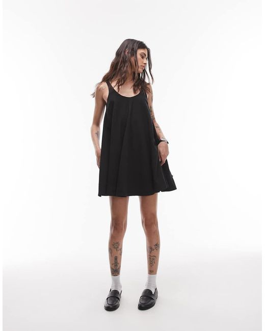 TOPSHOP Black Linen Trapeze Swing Mini Dress