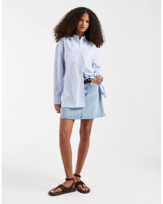 Pieces Oversized Gestreept Overhemd in het Blue