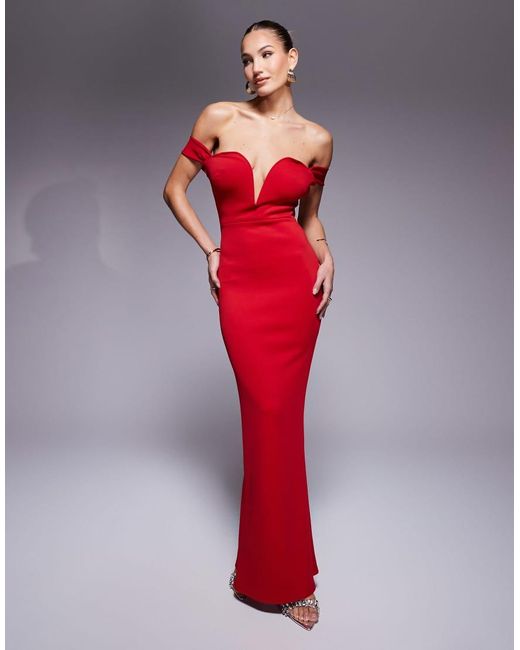 True Violet Red Plunge Neck Off Shoulder Maxi Gown