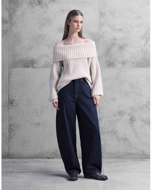 Monki Gray Oversized Bardot Knitted Jumper