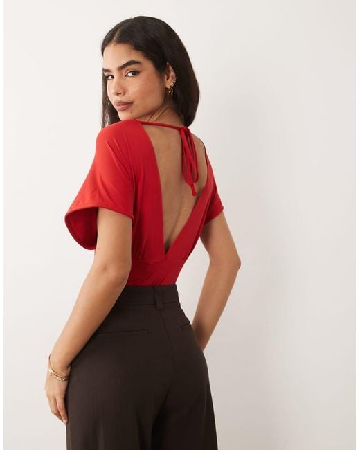 ASOS Red Polyamide Drape Sleeve Plunge Bodysuit