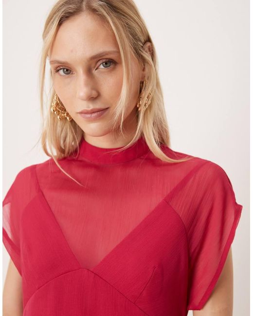ASOS Red Asos Design Petite High Neck Hanky Hem Chiffon Maxi Dress