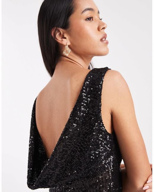 Collusion Black Cowl Back Slash Neck Sequin Top