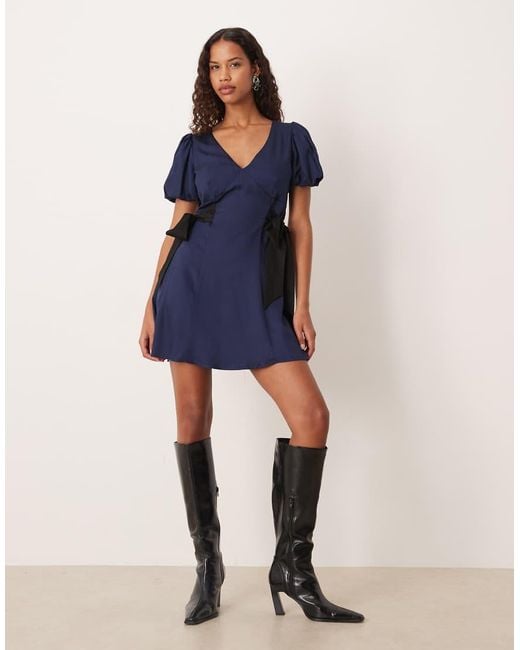 Nobody's Child Blue Remi V Neck Puff Sleeve Bow Side Mini Dress