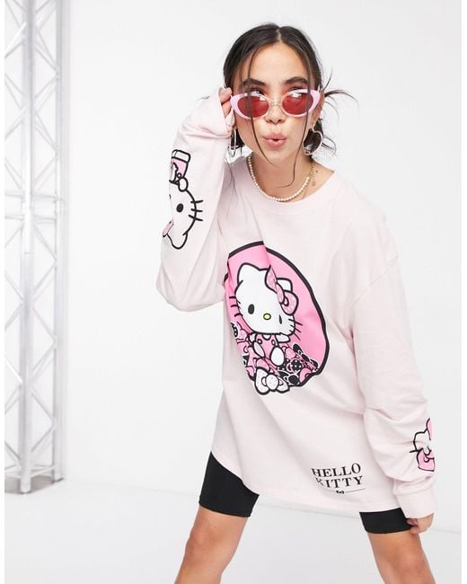 New Girl Order Pink X Hello Kitty Oversized Long Sleeve T-shirt With Front And Sleeve Graphic