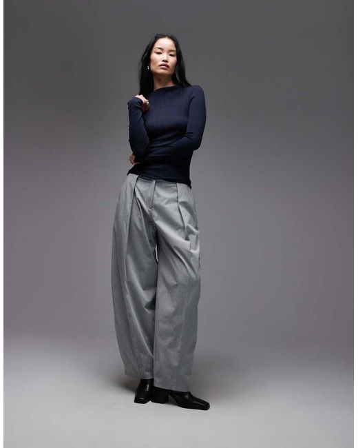 ARKET Blue Merino Wool Knitted Semi Sheer Wide Rib Mock Neck Top