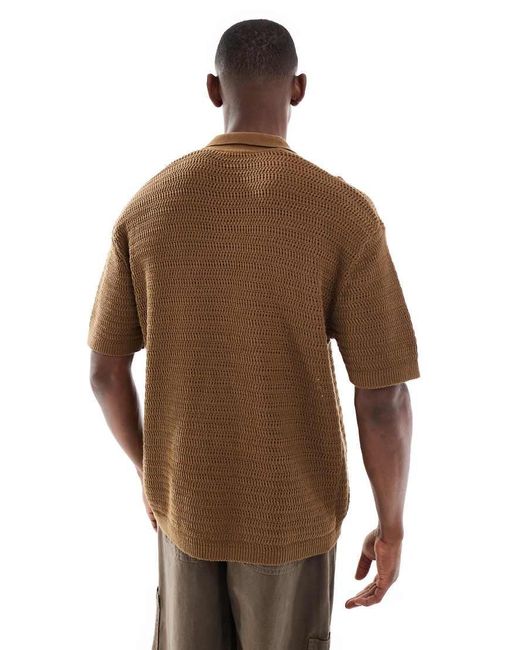 Only & Sons Brown Relaxed Fit Crochet Shirt With Revere Collar for men