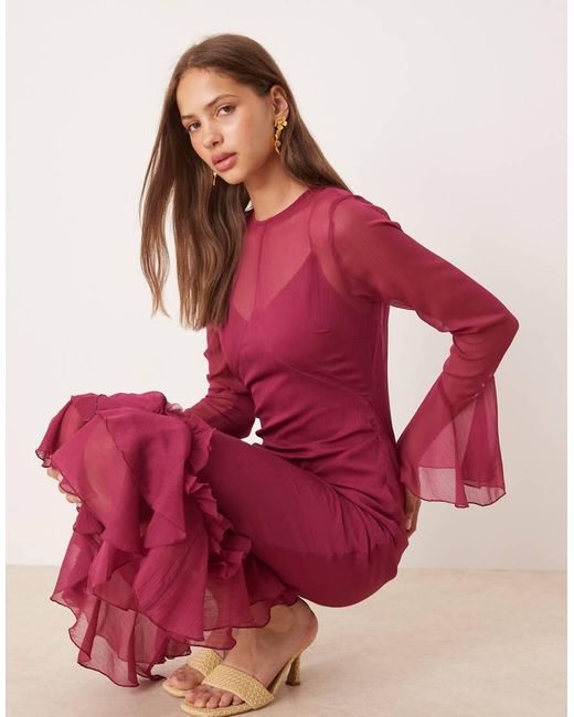 Vestito Lungo Color Ciliegia Con Volant Sul Fondo E Sulle Maniche di ASOS in Red