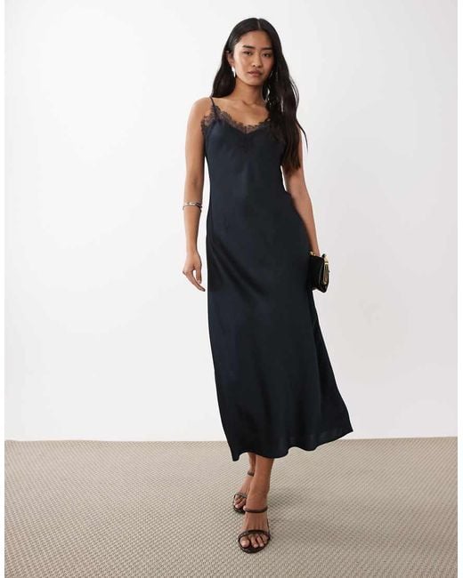 Mango Blue Satin Cami Maxi Dress With Lace Trim