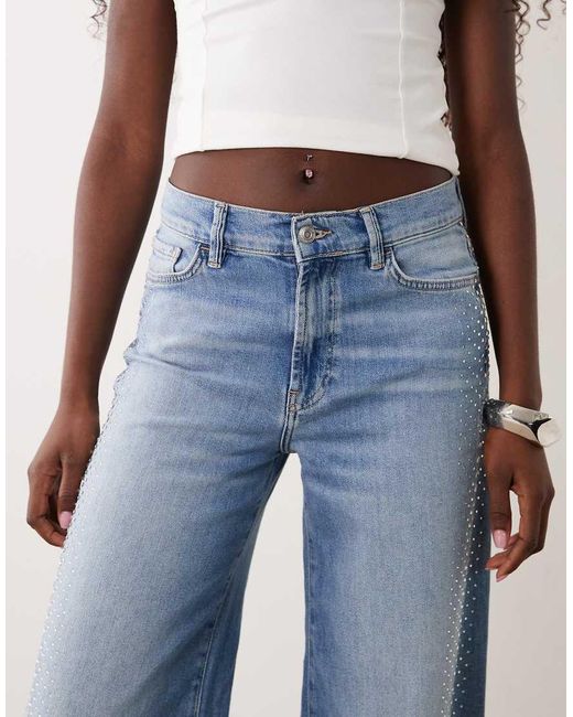 Mango Blue Erin 100% Cotton Wide Leg Jean With Embellished Side