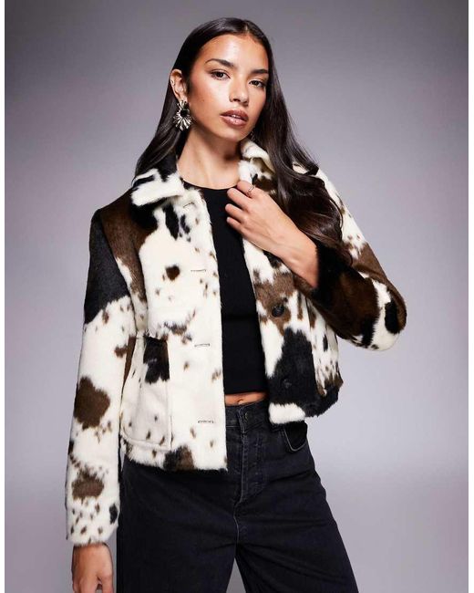 River Island Black Cow Print Faux Pony Hair Jacket