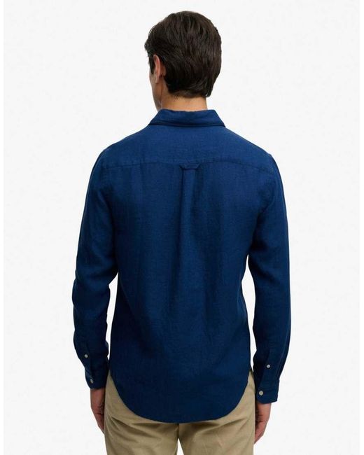 Superdry Blue Riviera Long Sleeve Linen Shirt for men