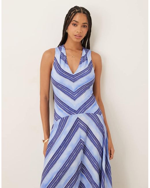 Vestido A Rayas Con Cuello De Pico Y Cintura Baja De Mango de color Blue