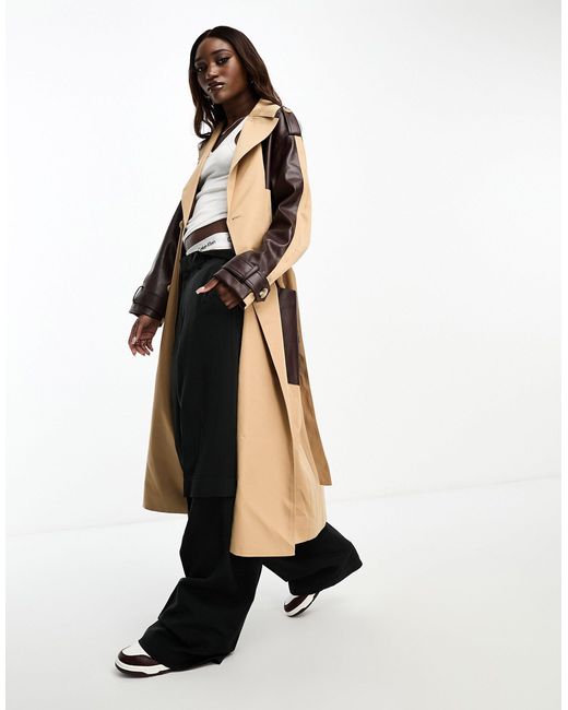 4th & Reckless Black Trench Coat With Faux Leather Pannelling