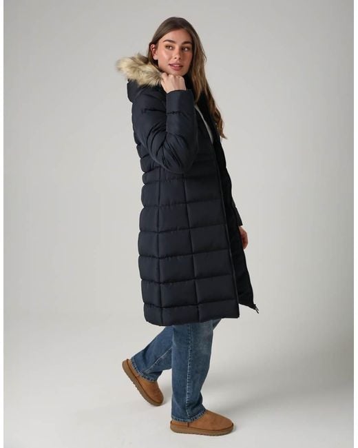 French Connection Blue Midi Padded Parka Jacket With Faux Fur Hood