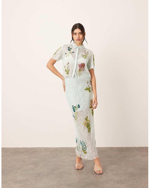 ARRANGE Natural Botanical Floral Embellished Lace Midi Skirt