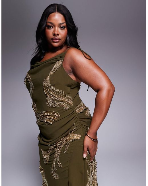 ASOS Brown Asos Design Curve Draped Skirt Overlay Maxi Dress With Dropped Waist And Embellishment