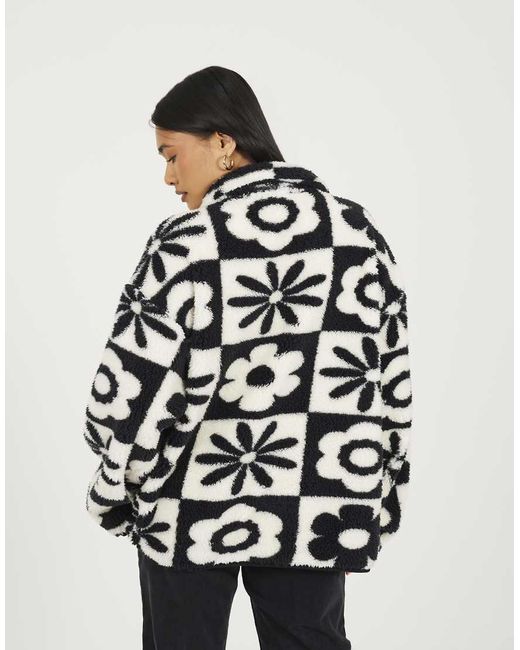 Brave Soul White Graphic Flower Print Zip Through Sherpa Fleece