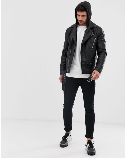 River Island Denim Faux Leather Biker Jacket With Hood in Black for Men |  Lyst