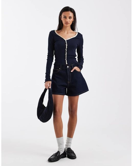 ONLY Blue Rib Knit Cardigan With Lettuce Edge