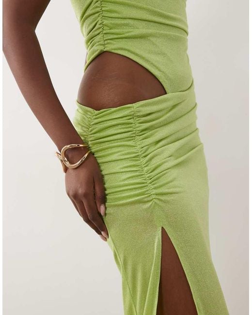 Murci Green Off Shoulder Ruched Detail Shimmer Knit Maxi Dress