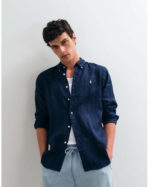 Polo Ralph Lauren Blue Icon Logo Long Sleeve Linen Shirt for men