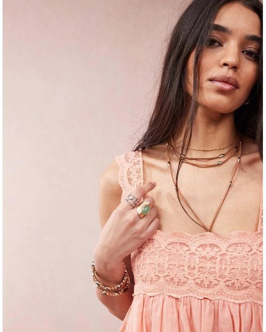 knee length dresses for ladies ASOS Luxe Lace Bubble Hem Mini Dress With Puff Sleeves In Pink main image 1