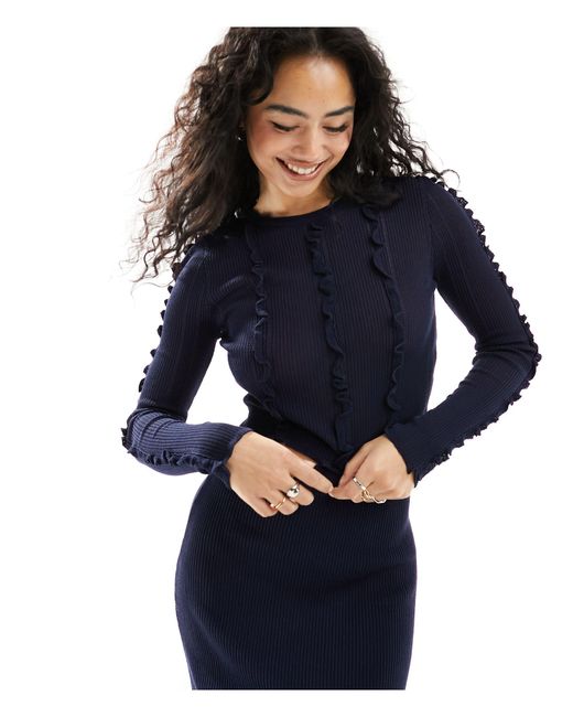 ASOS Blue Knitted Top With Frill And Seam Detail