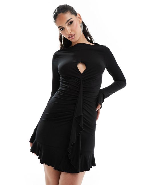 Robe courte a manches longues avec fente goutte d eau et ourlet festonne a volants ASOS en coloris Noir Lyst