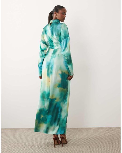 DASKA Satin High Neck Long Sleeve Knot Detail Maxi Dress Green Blur Print
