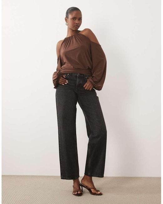 ASOS Brown Slinky Cold Shoulder Blouson Top With Balloon Sleeves